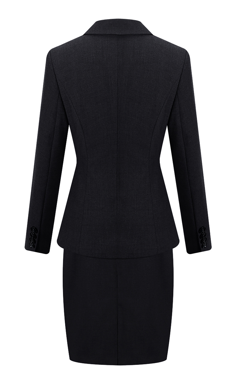 女士行政黑色職業裝套裝領型細節圖展示  女士行政黑色職業裝套裝口袋細節圖展示  女士行政黑色職業裝套裝背面圖片